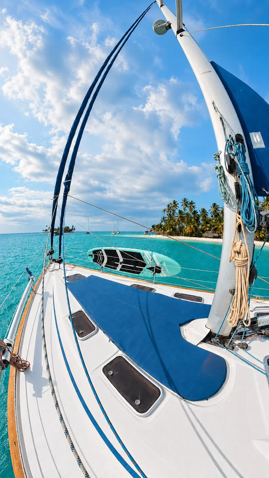 Cubierta de un velero fondeado frente a una isla tropical.