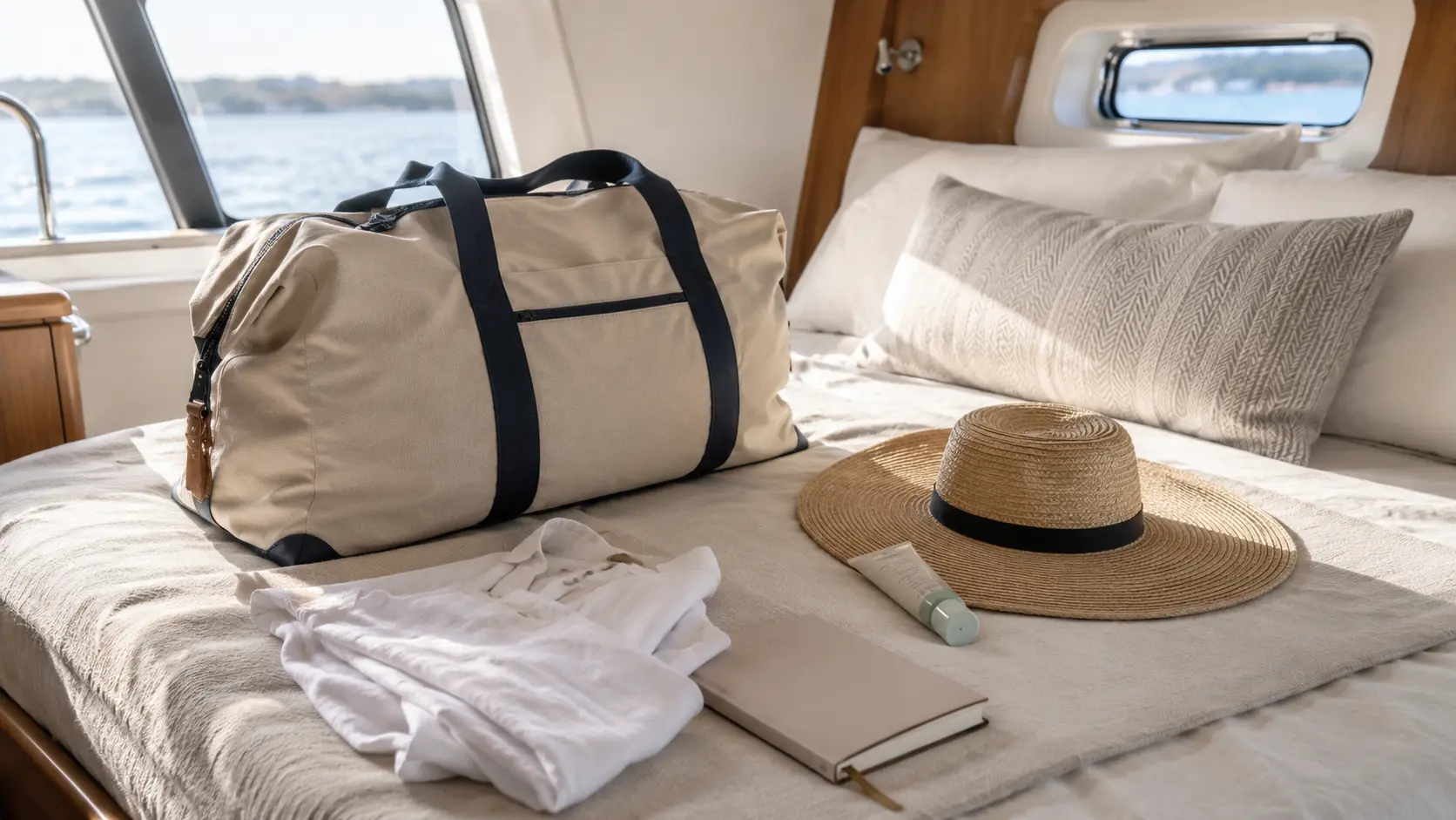 Mesa de camarote con tablet y detalles de viaje.
