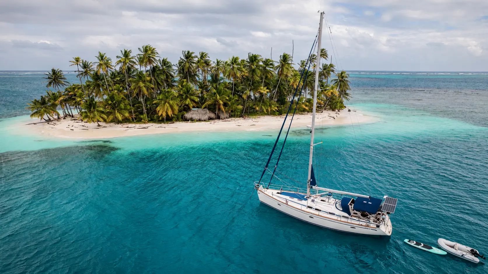 Velero fondeado junto a una isla de palmeras en aguas turquesas.
